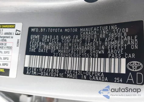 2009 Toyota Corolla Le from USA, damaged, VIN 2T1BU40E69C155218